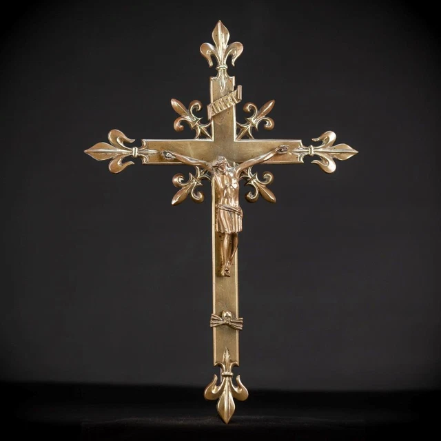 Altar Crucifix | Wall Antique Bronze Cross | 1800s Jesus Crucifixion | 17.3"_