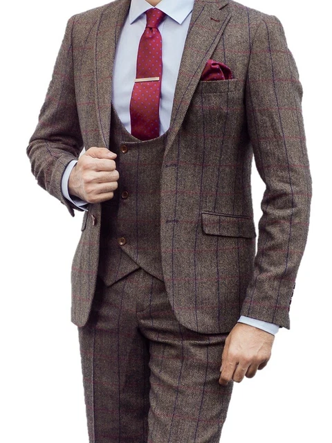 COSTUME HOMME MARRON Tweed Check 3 Pi ces Blazer Gilet
