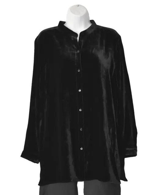 C0 NWT EILEEN FISHER Black Velvet Mandarin Collar Long Sleeve Shirt Size L $288