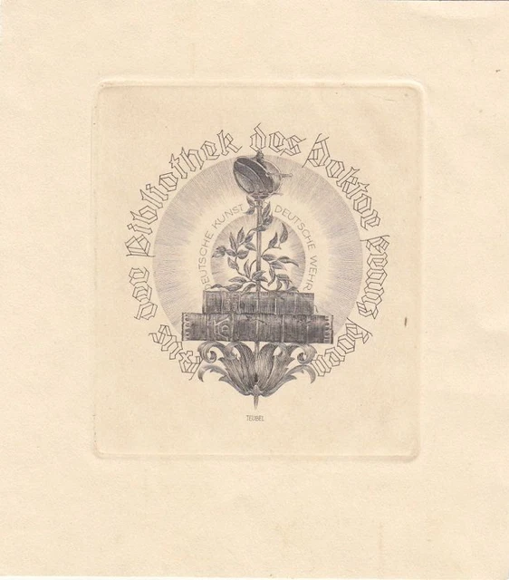 Exlibris Bookplate Kupferstich Friedrich Teubel 1884-1965 Bücher Degen Zweige