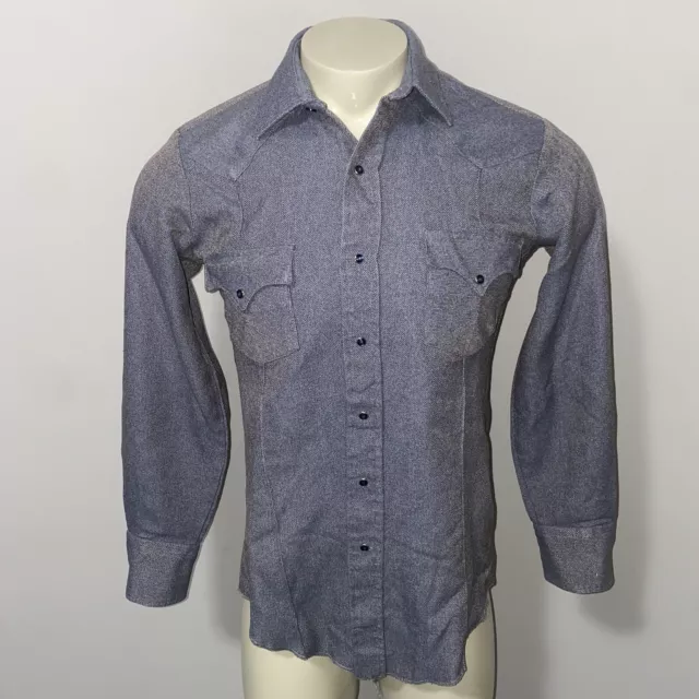 Western Shirt Mens SMALL Karman Wool Herringbone Flannel Rockabilly Cowboy VTG 2