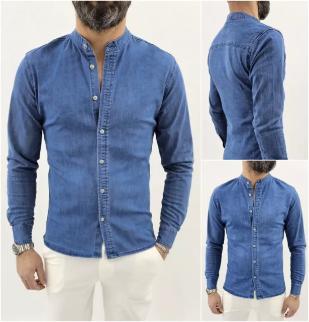 Camicia di Jeans Coreana uomo Blu chiaro denim a manica Lunga slim fit S M L XL