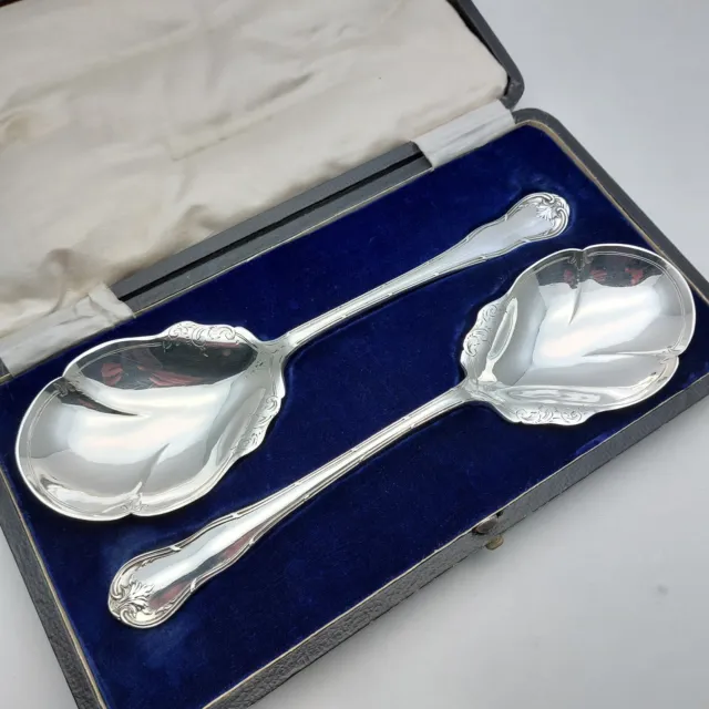 Louis XVI Pattern Cased Pair Of Large Serving Spoons - Silver Plated Antique