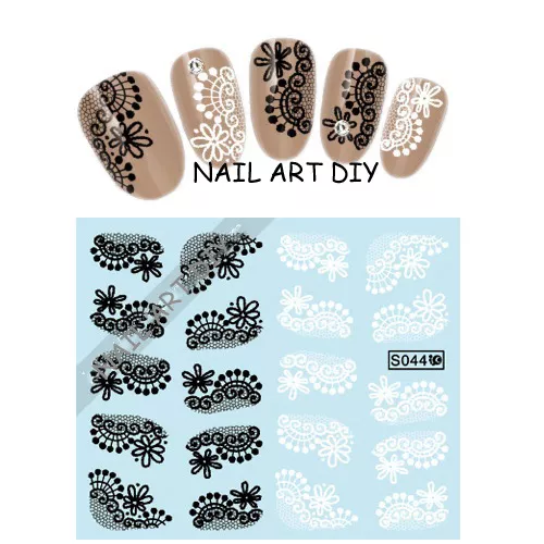 Adesivi per unghie con Pizzo Nero/Bianco-Nail Art water transfer Stickers Decals
