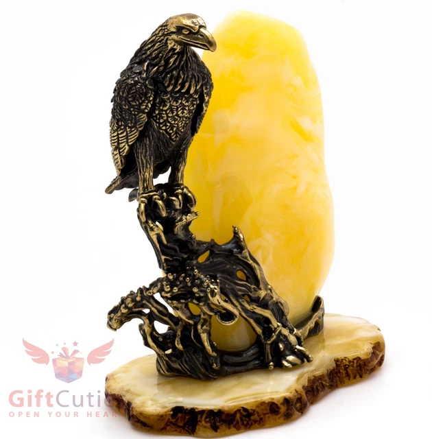 Solid Brass Amber Figurine of a bird Raven perched on cliff IronWork