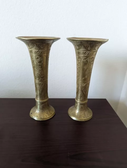 Bronze Brass Indian Gu Vase Wine Vessel Set Of 2 Lot Carved MCM Damaged