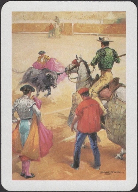 Playing Cards Single Card Old Vintage Wide * BULLFIGHTING HORSE MATADOR Signed F