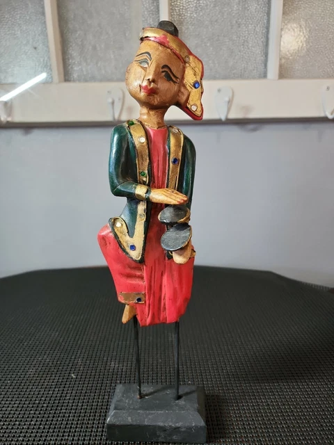 Vintage Wooden Hand Carved Painted Asian Burmese Musician Metal Stand Thailand