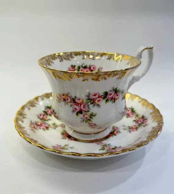 Royal Albert Dimity Rose Tea Cup And Saucer Gold Floral Trim Bone China England