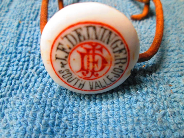 Antique  J.F. Deininger, South Vallejo, Cal. Porcelain Beer Bottle Wire Stopper