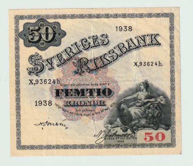 SWEDEN 50 KRONOR NOTE 1938 X,93624h Sveriges Riksbank FREE SHIPPING
