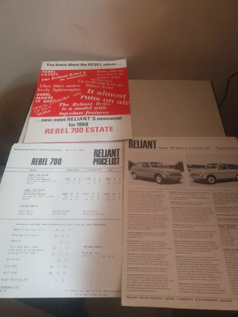 Reliant Rebel 700 Saloon Estate Car Sales Dealership Brochures Vgc V Rare