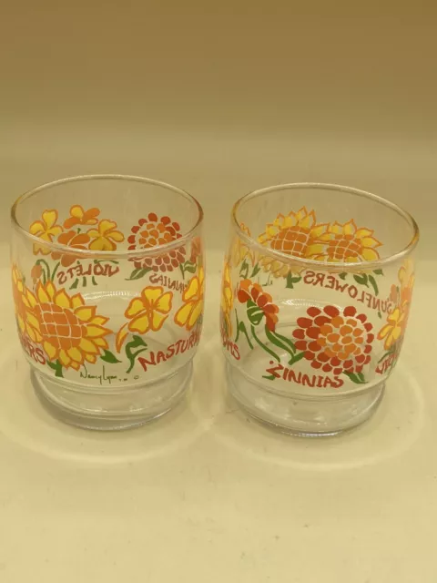 Vintage 1970's Nancy Lynn Sunflower Glasses Anchor Hocking Short Juice LOT 2