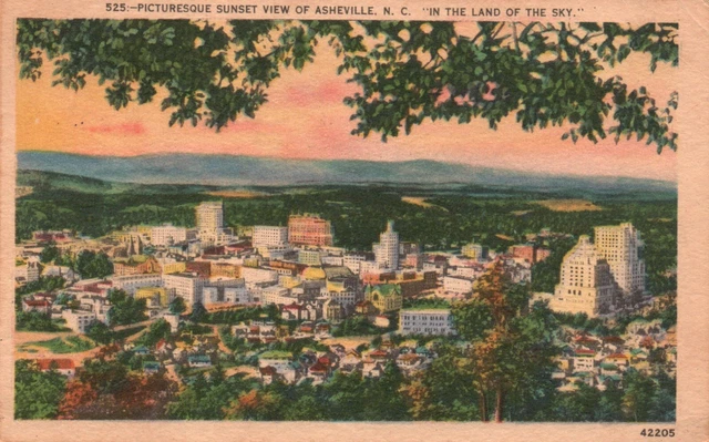 Postcard NC Sunset Bird's Eye View of Asheville Linen Antique Vintage PC f2661