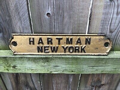 Vintage Metal Door Sign Plaque Hartman New York Embossed
