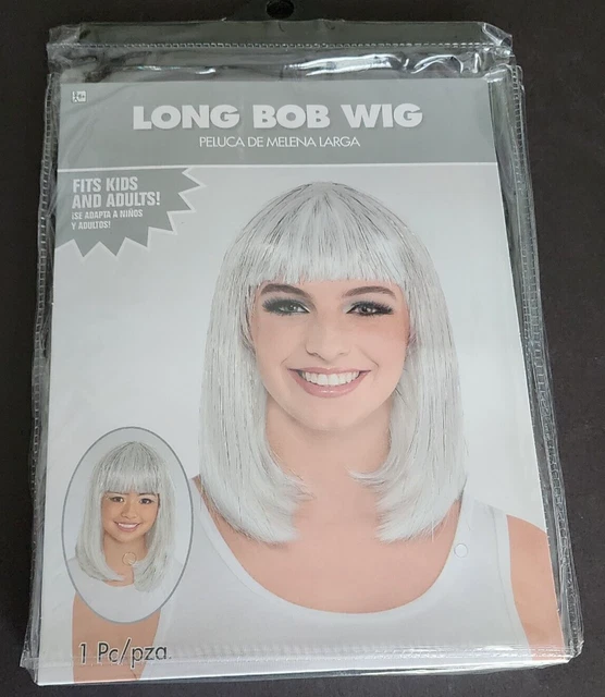 New Long White Straight Bob Wig & Silver Strands Great For Dress Up - Halloween!