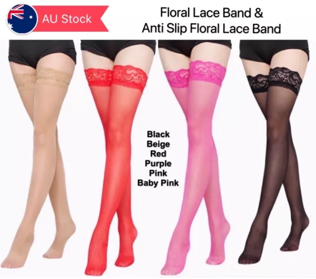 Lace Top Hold Up Anti Slip Band Garter Stockings Thighs High Floral Stay-Up AU