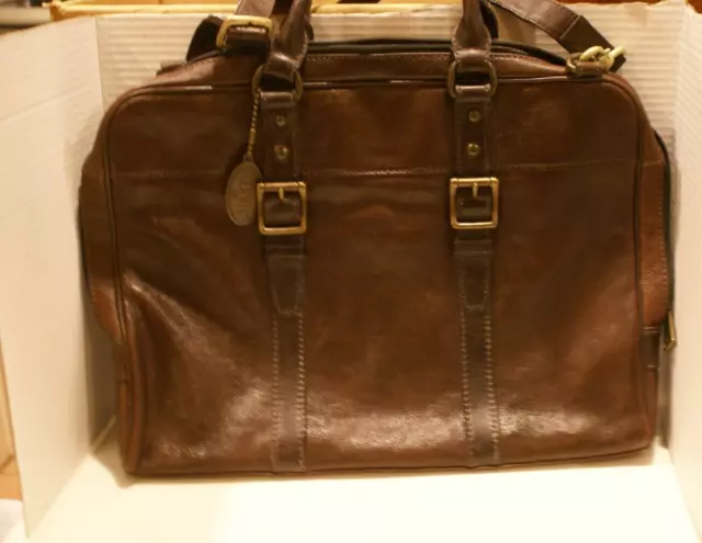 Fossil Vintage Brown Leather Briefcase Laptop/Satchel/Tote Bag W/STRAP 15" X12"