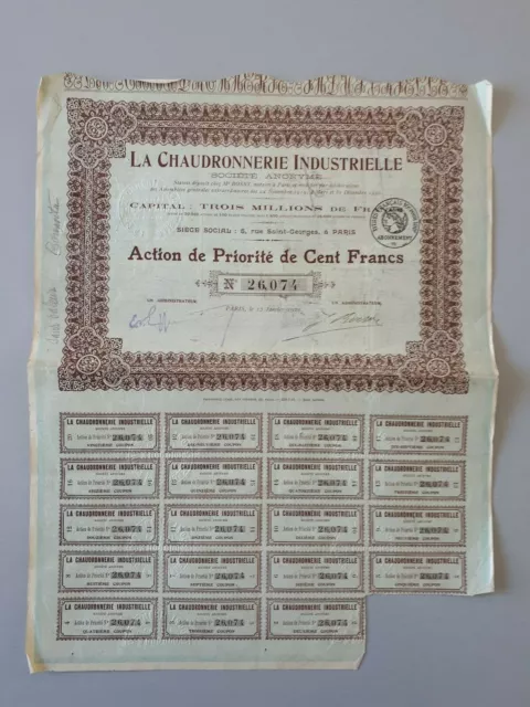 Action de Priorité de cent Francs " La chaudronnerie Industrielle " 1921