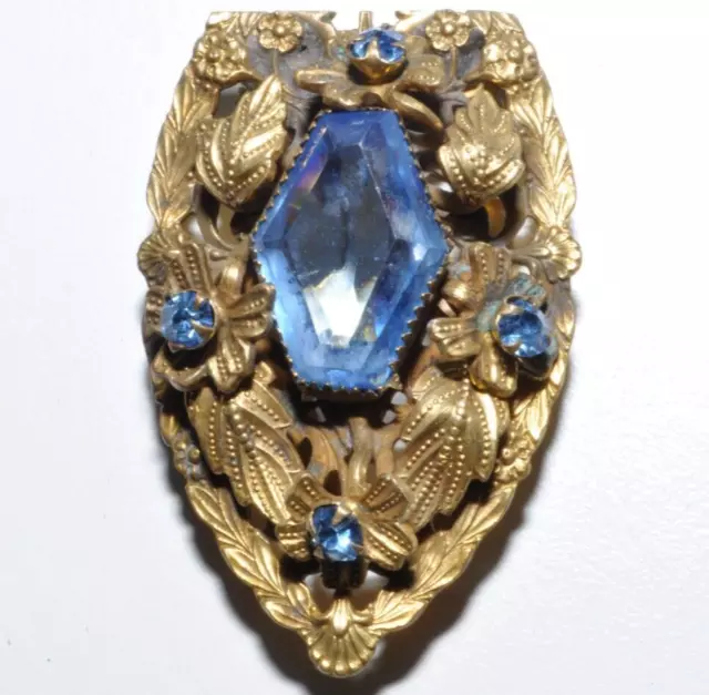 Highly Ornate Vintage Art Deco Flower Blue Glass Hexagonal Rhinestone Dress Clip