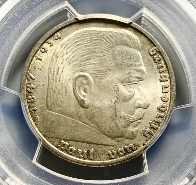 Nicely Toned 1936 A Germany Nazi Third Reich 5 Mark Silver Coin - PCGS MS 64