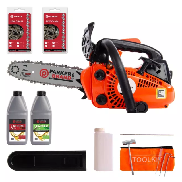 26cc 10" Petrol Top Handle Topping Chainsaw + 2 x Chains + Oils + More