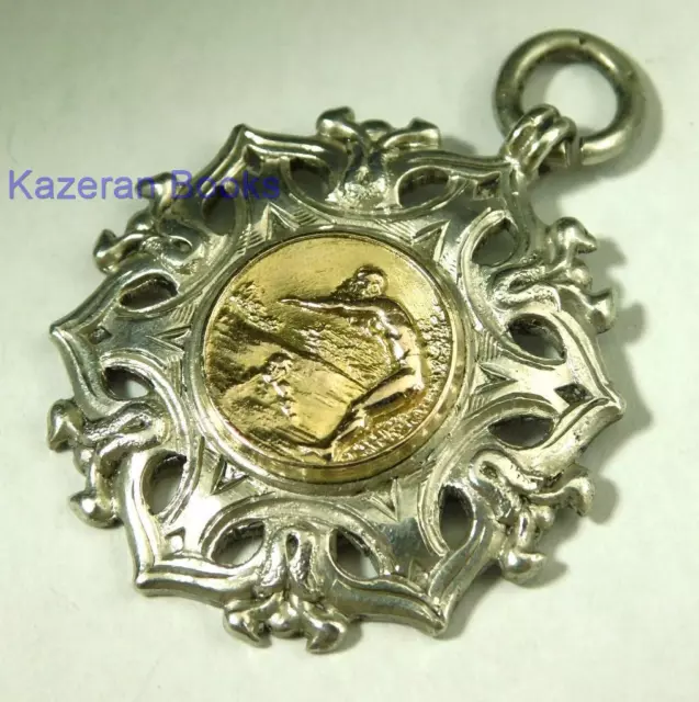 Antique Solid Silver Pocket Watch Chain Fob Medal Swimming Unpersonalised 1916