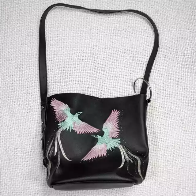 TopShop Rebecca Embellished Bird Embroidery Black Faux Leather Shoulder Bag 3