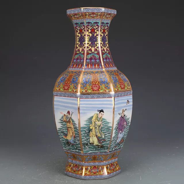 13 inch Enamel Eight Immortals Vase Mark Qing Qianlong Antique Reproduction