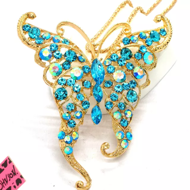 New Shiny Blue Rhinestone Cute Butterfly Crystal Fashion Women Chain Necklace