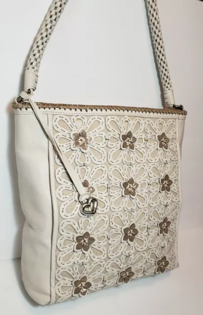 Brighton White Linen Flora Leather 3D Floral Applique Handbag Weaved Handels$280 3