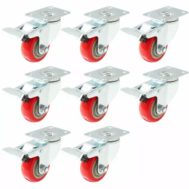 8 Pack 3 Inch Caster Wheels Swivel Plate with Brake Red Polyurethane PU