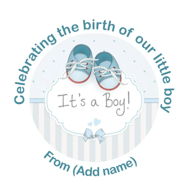 24 x Personalised New Baby Boy Stickers, sweet cones, party 45mm