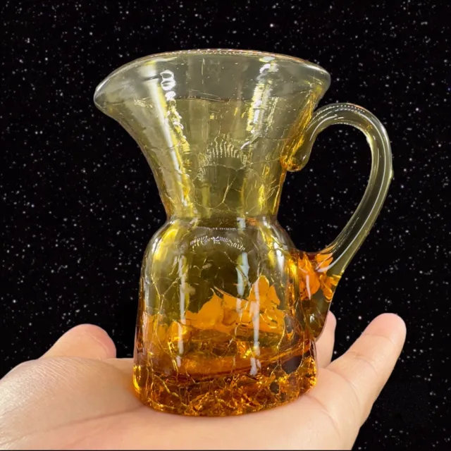 1960s Amber Crackled Glass Small Pitcher Creamer Art Glass Hand Blown Glass VTG