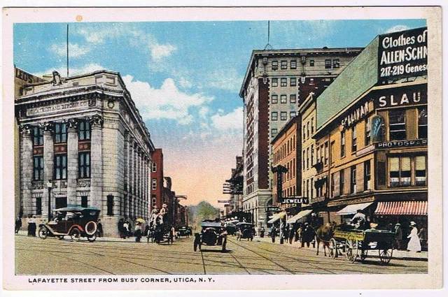 New York Postcard Utica Lafayette St from Busy Corner Hughes