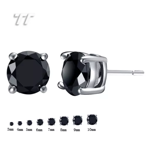 TT 18K White Gold GP Black CZ Round Stud Earrings 3mm-10mm (ER01D)