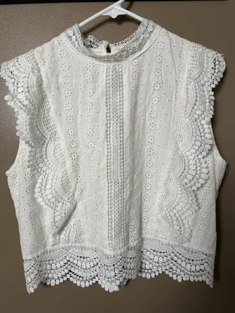 GORGEOUS Sim & Sam White Victorian Edwardian Style Eyelet Lace Boho Top Size L