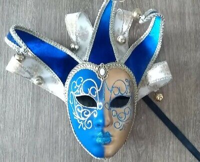 Venetian Jester Hand Painted Blue/Gold Mask Masquerade Mardi Gras Made in Italy