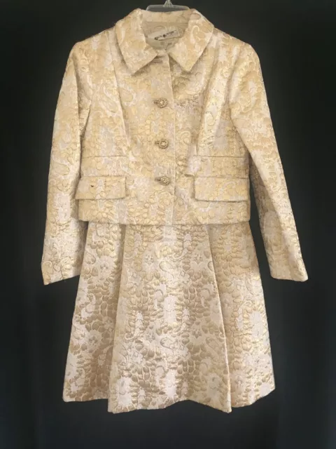 AMAZING Vtg Gino Charles 1960s Jackie O Gold Lame Sheath Party Dress & Jacket