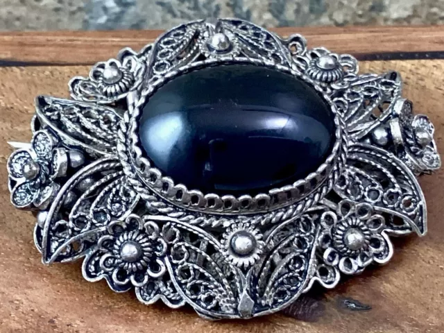 Vintage Sterling Silver Ornate Filigree Black Onyx Mourning Brooch/Pin     (E12)