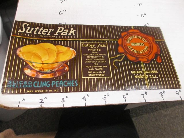 SUTTER PAK cling peaches fruit 1930s metal tin can food paper label Indep Grower