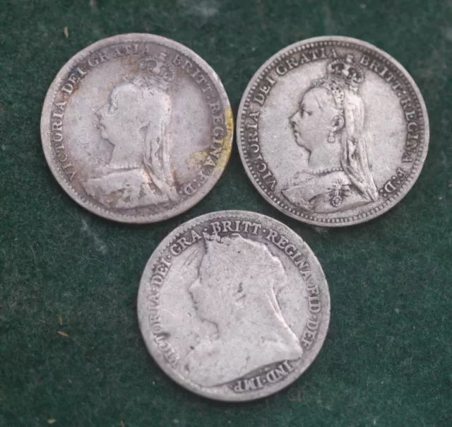 Great Britain Lot of 3 Queen Victoria Three Pence 1890 1891 1894 Silver Coins