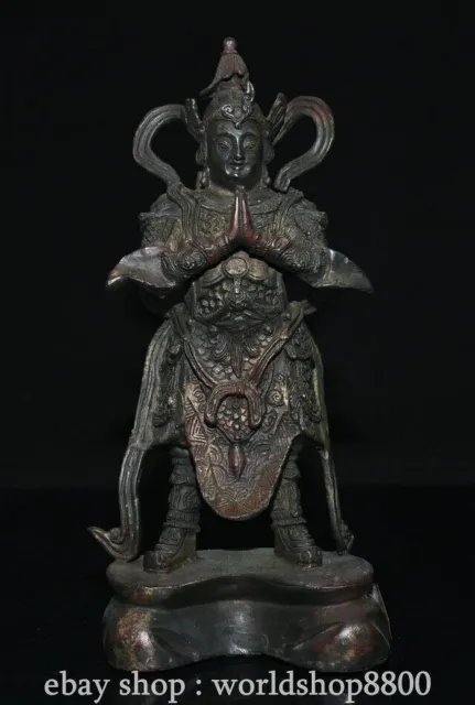 10.8" Old Chinese Bronze Gilt FengShui Veda door-god Protector Deity Statue