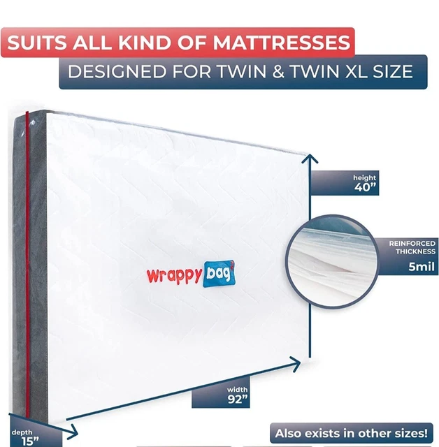 WRAPPYBAG® Protective Zipper Plastic Mattress Bag For Twin / Twin XL Sizes New