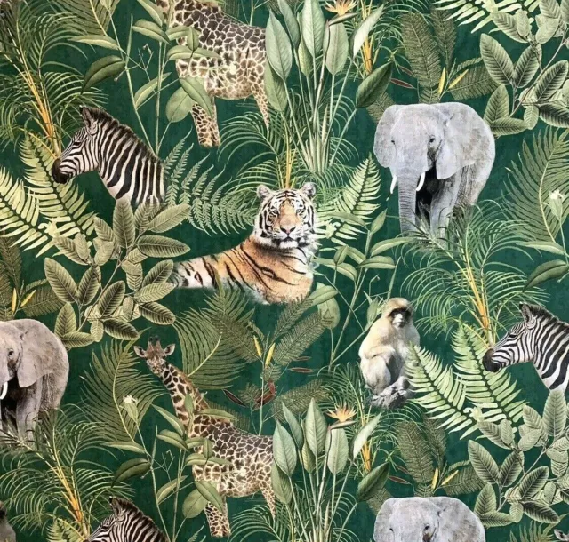 Safari Animal Print Tiger Elephant Zebra Giraffe Monkey Cotton Fabric by Metre