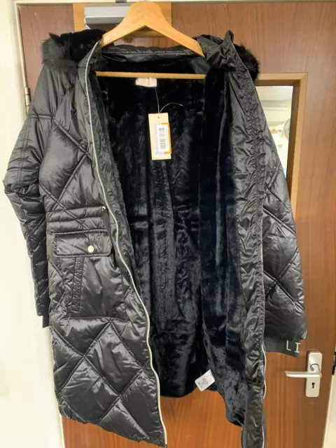Cappotto invernale nero Lipsy età 15 anni ragazza cappuccio in pelliccia sintetica nuovo con etichette