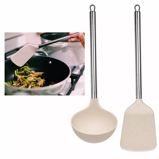 2PC Cucharón Espátula Utensilio Juego Trigo Paja de Cocina Turner Acero Manija