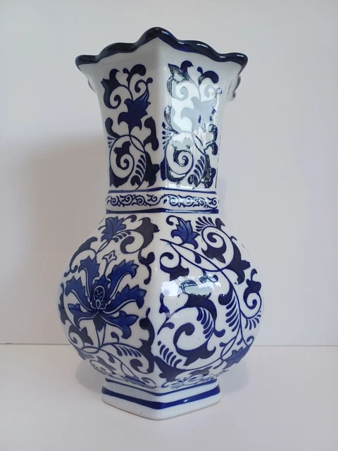 11" Ceramic Vase Geometric Floral White & Navy Blue Three Hands Corp - New