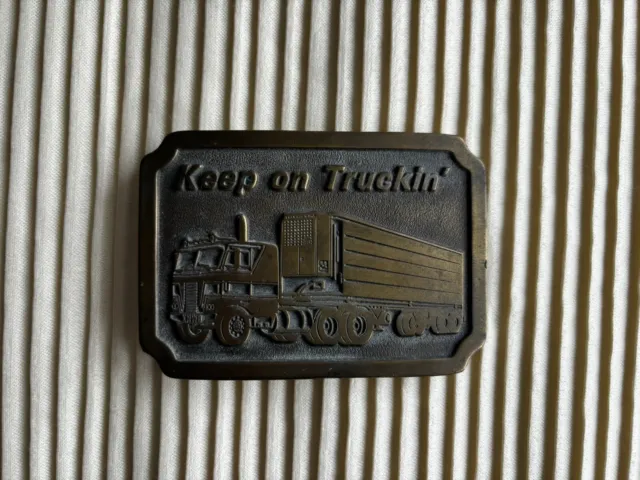 Vtg Semi Truck Belt Buckle Keep On Truckin’ Indiana Metal Craft Brass Trucker