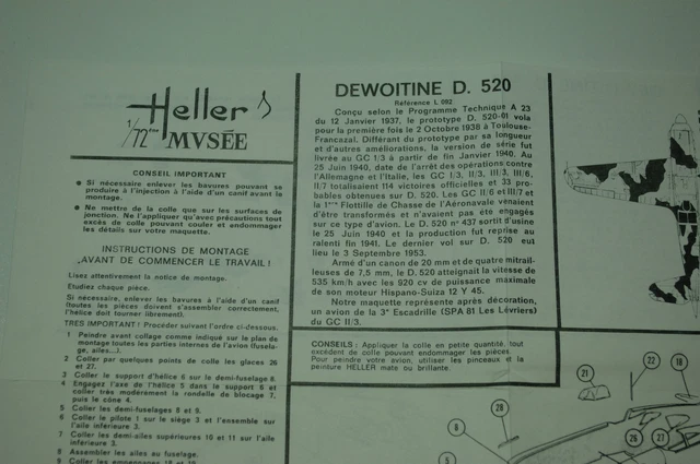 1/72ème PLAN DE MONTAGE POUR DEWOITINE D. 520  -  pour kit HELLER Musée N° L 092